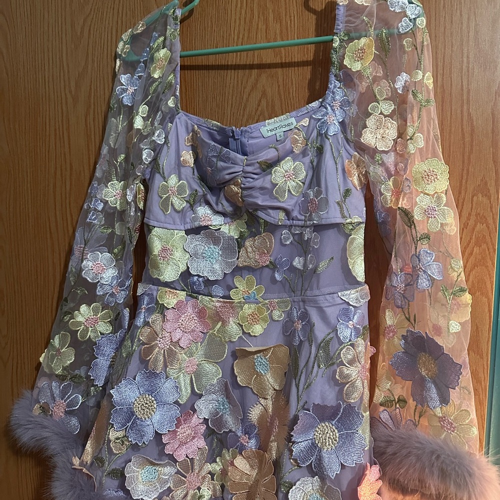 Lavender Floral Embroidered Long Sleeve Mesh Dress